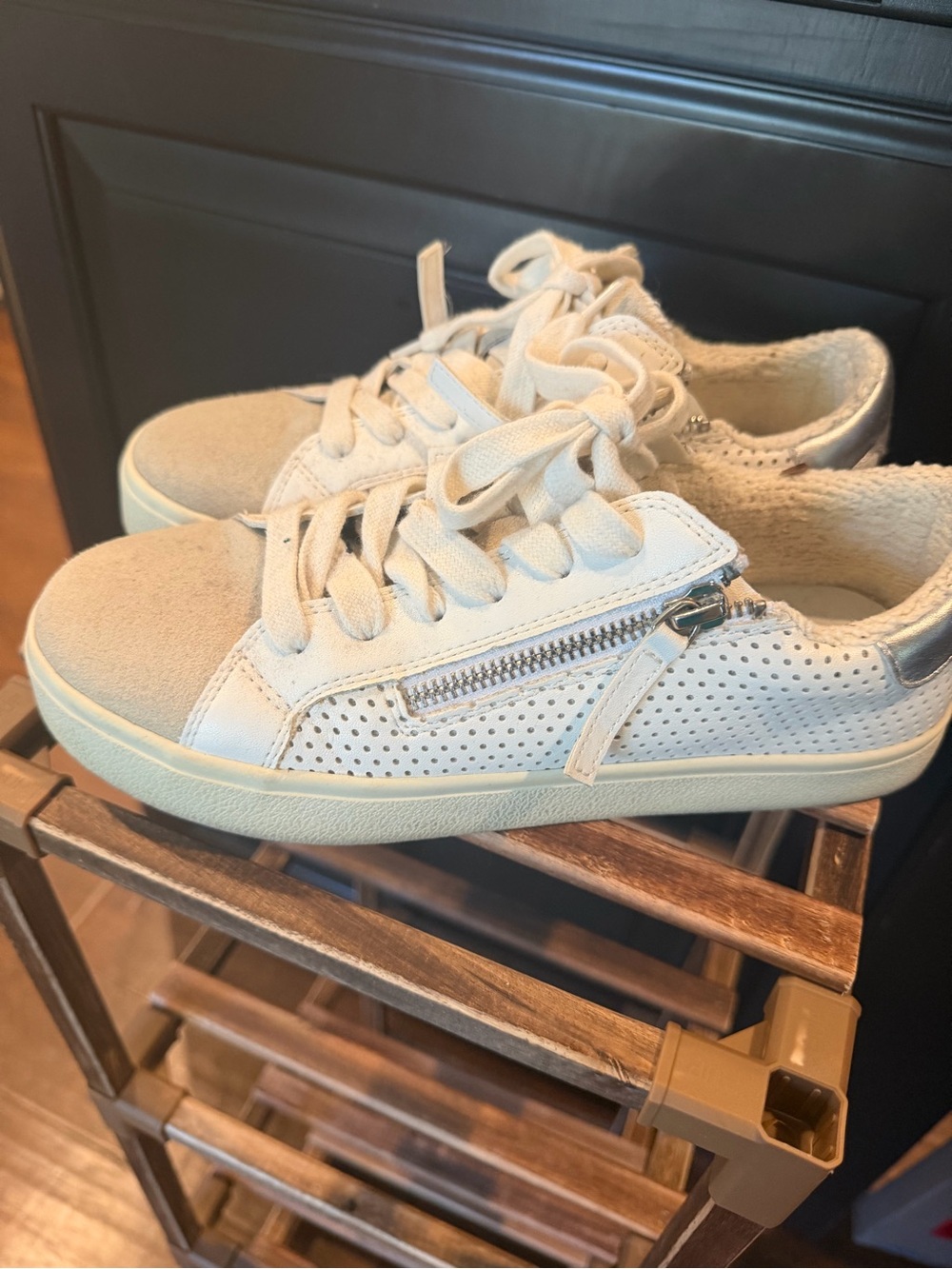 Steve Madden Ivory and Tan Perforated Lace-Up Sneakers with Side Zip